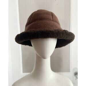 Brown Faux Suede Winter Bucket Hat w/Faux Fur Lining sz OS